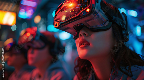 Young Asian Woman Experiencing Virtual Reality Headset in Neon Lit Room