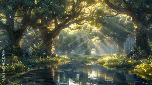 Sunlight Through Trees over Tranquil Forest River Morning Scene © Kiss