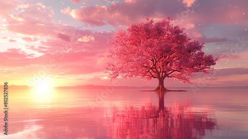 Serene Pink Blossom Tree at Sunset Reflecting on Calm Lake Waters © Kiss