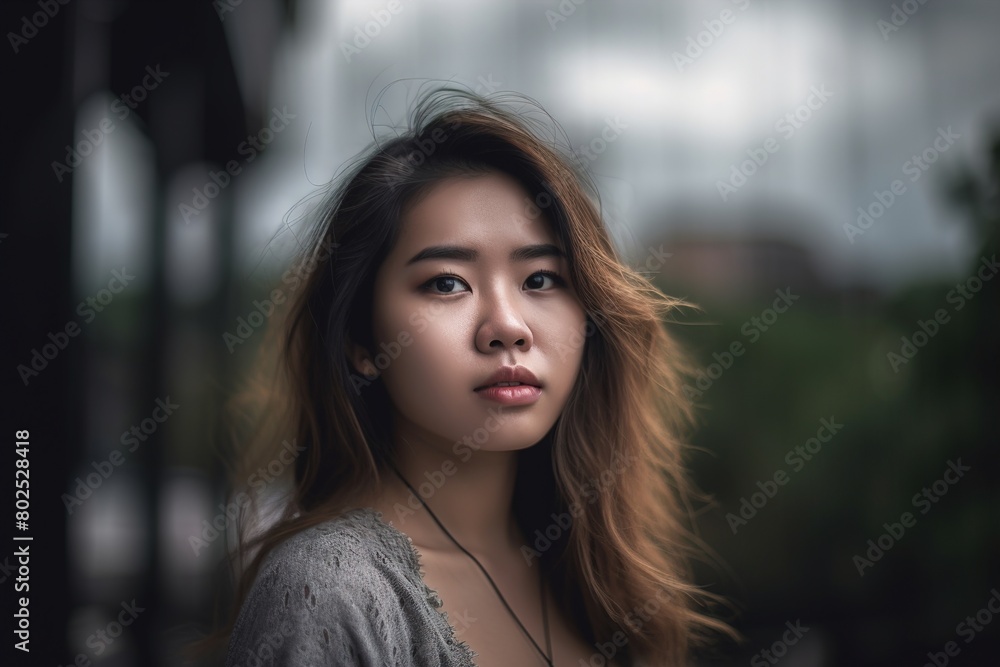 Obraz premium A woman with long brown hair and a necklace is standing in front of a building