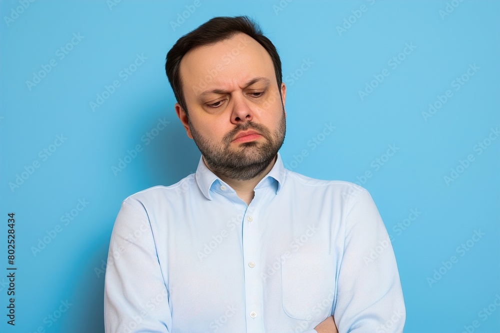 Fototapeta premium A man with a beard and a frowning face is wearing a blue shirt