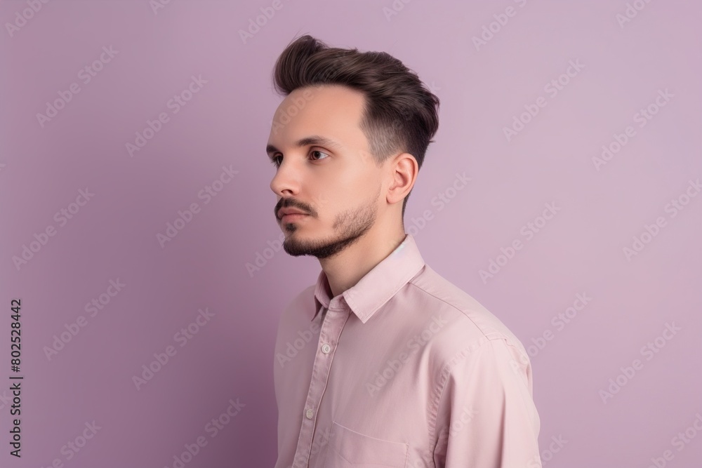 Fototapeta premium A man with a beard and short hair is wearing a pink shirt
