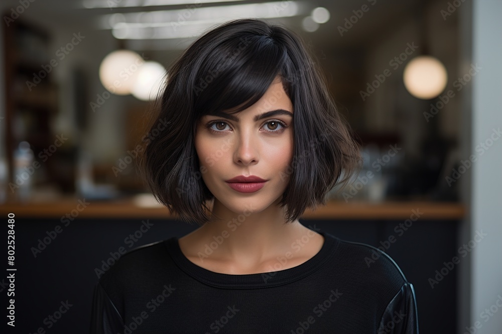 A woman with short hair and a black shirt is standing in front of a counter