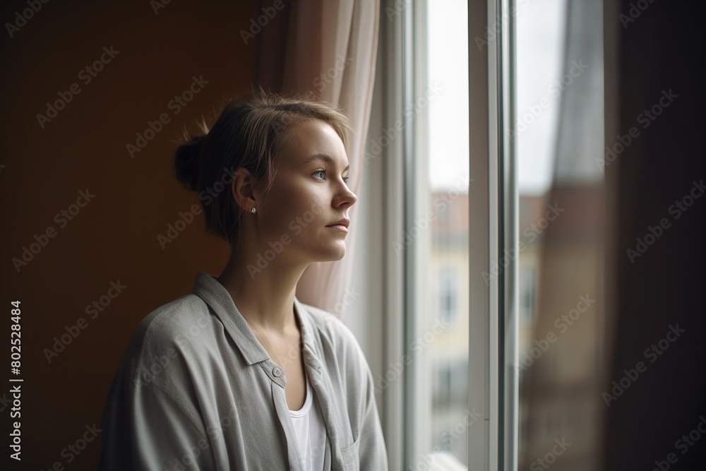 A woman is looking out the window with a sad expression on her face A woman is looking out the window with a sad expression on her face