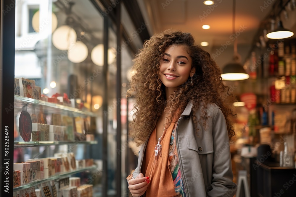 A woman with curly hair is smiling in front of a store window A woman with curly hair is smiling in front of a store window