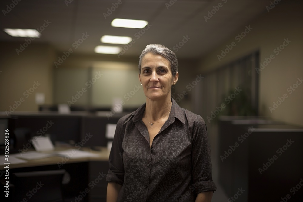 A woman stands in a room with a lot of desks and chairs A woman stands in a room with a lot of desks and chairs