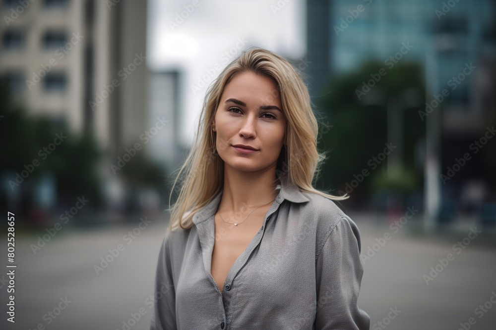 A blonde woman is standing in front of a building, wearing a gray shirt A blonde woman is standing in front of a building, wearing a gray shirt