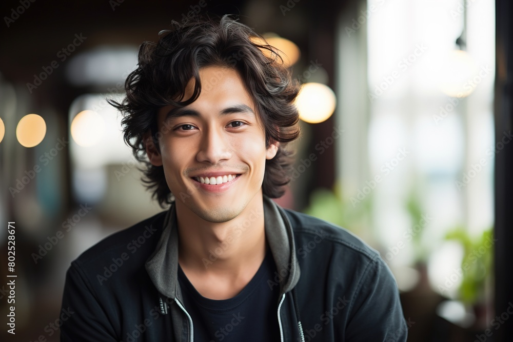 A man with long hair is smiling and looking at the camera A man with long hair is smiling and looking at the camera