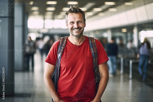 A man in a red shirt and backpack is smiling in a busy airport