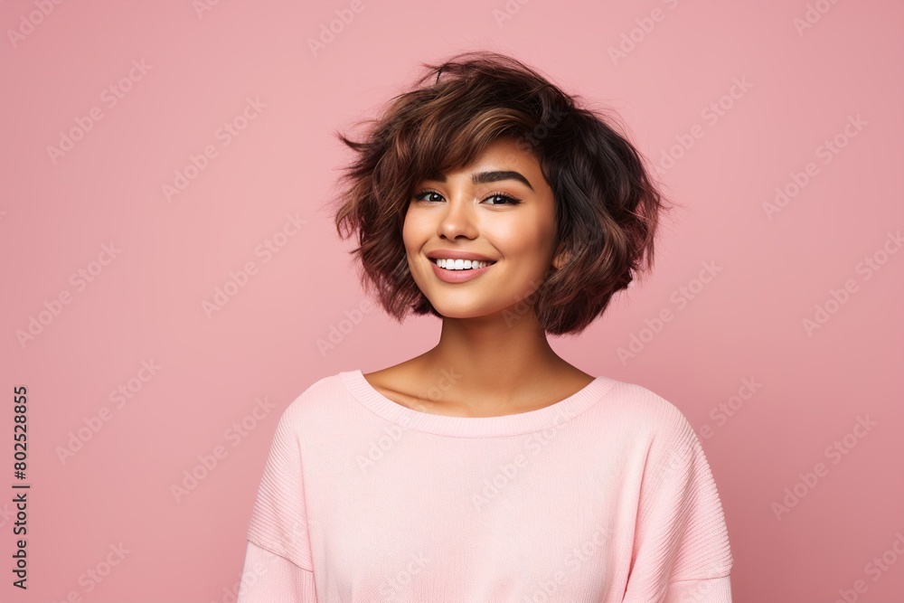 A woman with short hair and a pink shirt is smiling A woman with short hair and a pink shirt is smiling