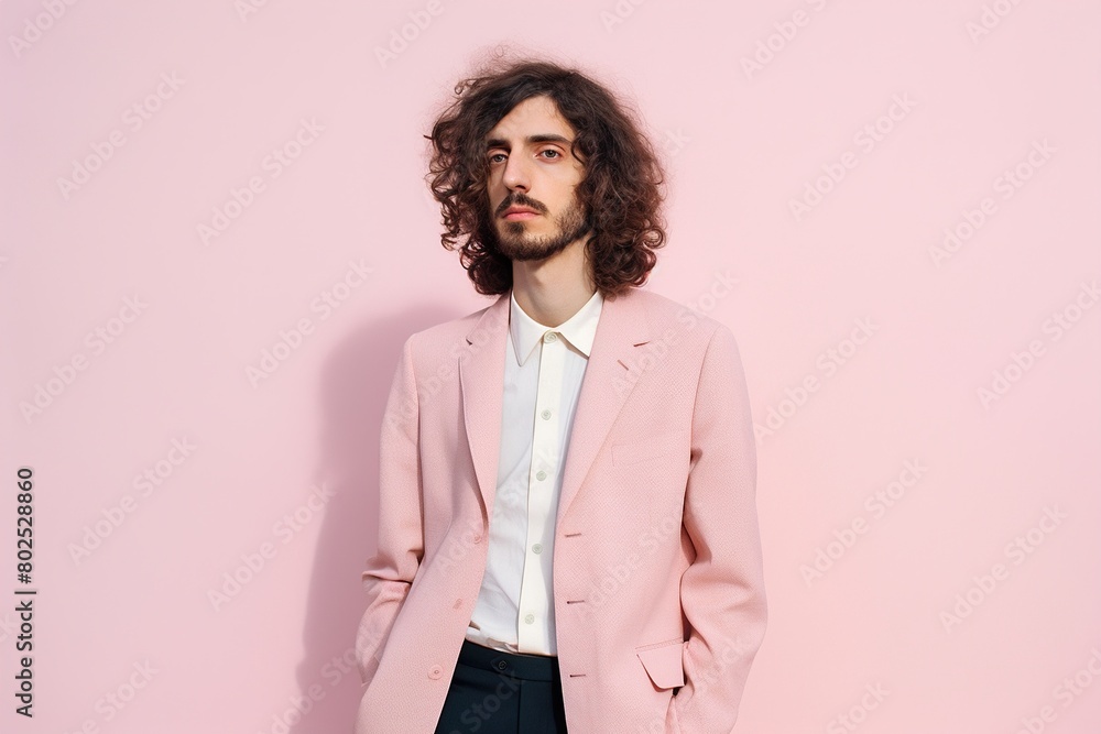 A man in a pink suit stands in front of a pink wall A man in a pink suit stands in front of a pink wall