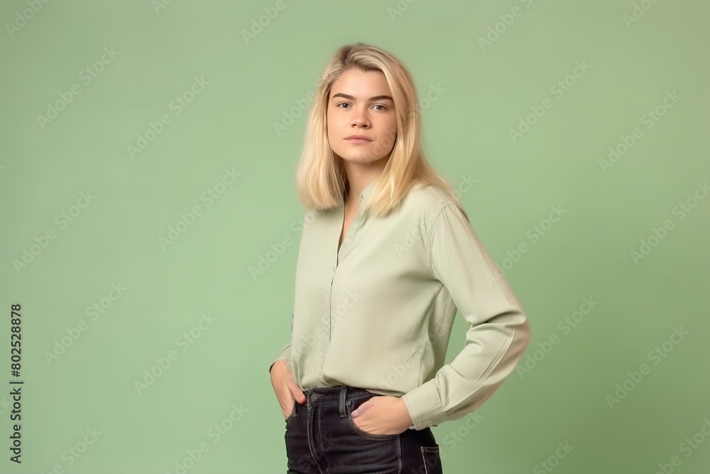 A blonde woman is wearing a green shirt and black jeans A blonde woman is wearing a green shirt and black jeans