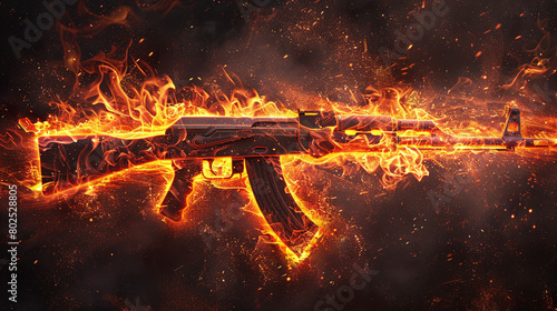 Fiery Blaze Assault Rifle with Vivid Flames Erupting in Darkness photo