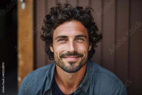 A man with a beard and curly hair is smiling and looking at the camera