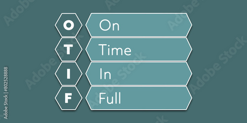 OTIF On Time In Full. An abbreviation of a financial term. Illustration isolated on blue green background