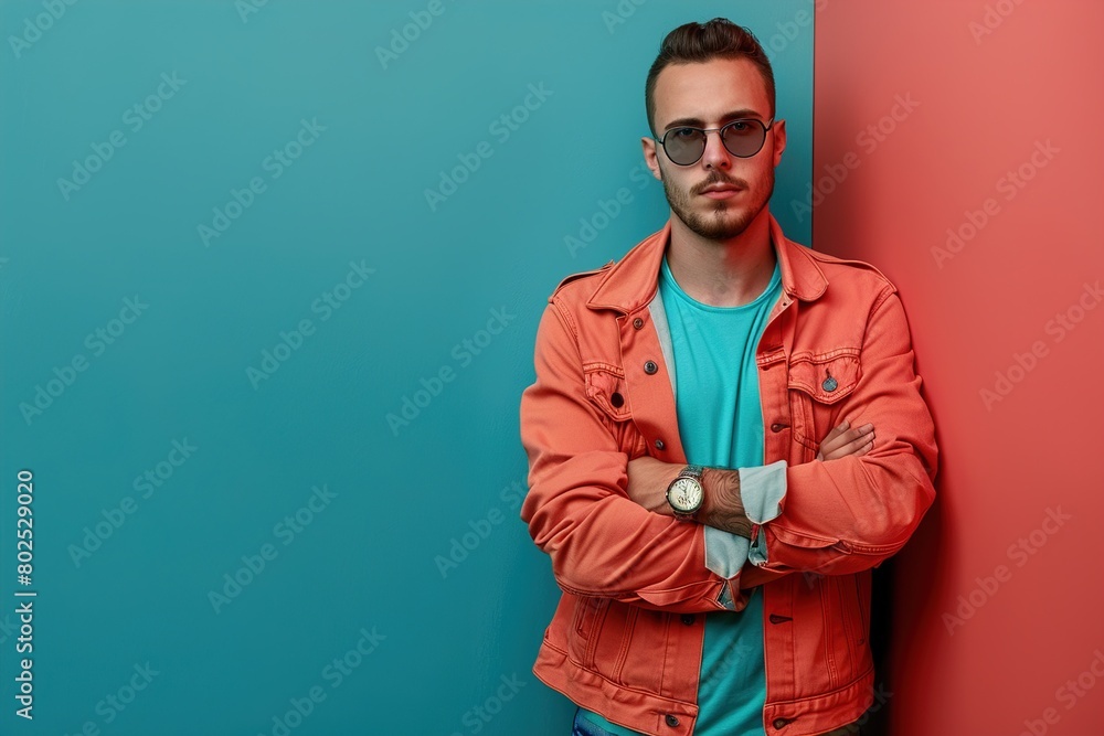 A man in an orange jacket and sunglasses stands in front of a blue wall A man in an orange jacket and sunglasses stands in front of a blue wall