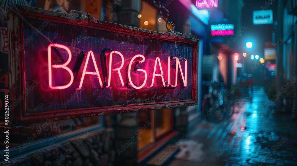 Neon Bargain Sign on Rainy Evening in City with Glowing Street Lights Neon Bargain Sign on Rainy Evening in City with Glowing Street Lights
