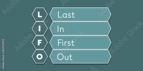 LIFO Last In First Out. An abbreviation of a financial term. Illustration isolated on blue green background