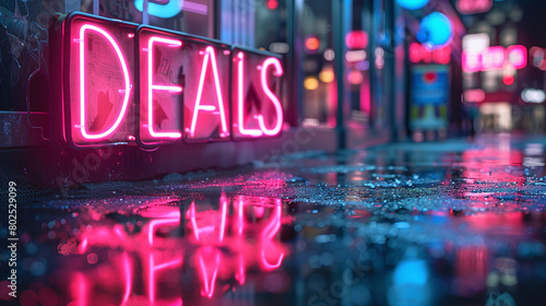 Vibrant Neon Deals Sign on Rainy City Street at Night Reflecting on Wet Pavement © Kiss