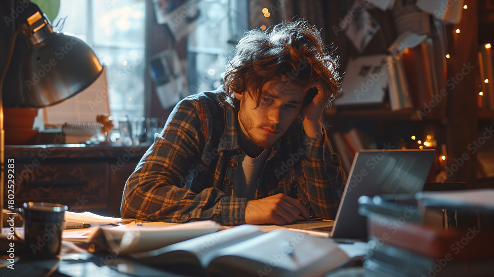 Obraz premium Focused White Male Student Studying Late at Night in a Messy Room