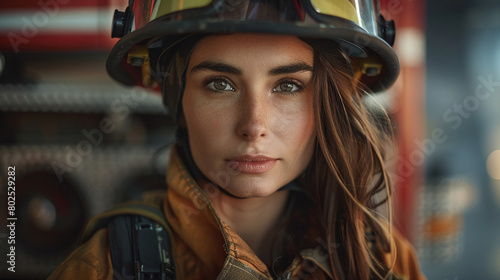 Confident Female Firefighter Portrait with Detailed Gear Closeup in Firehouse