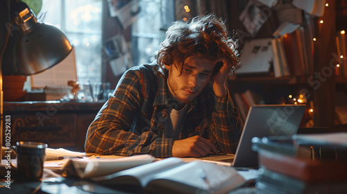 Focused White Male Student Studying Late at Night in a Messy Room