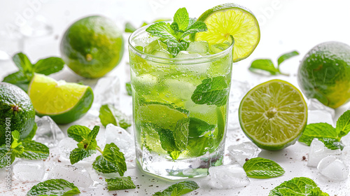 Refreshing Mint Mojito Drink with Lime Slices and Ice Cubes on White Background