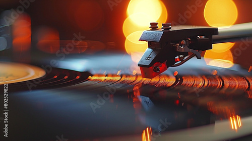 Close Up View of Turntable Needle on Vinyl Record with Warm Bokeh Lights