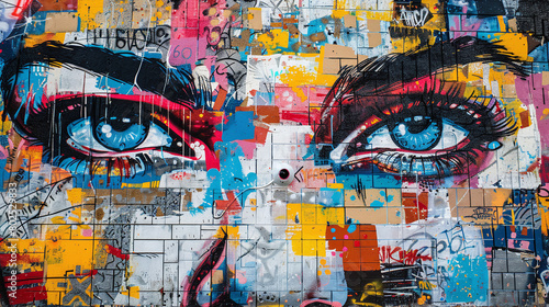 Vibrant Urban Graffiti Eyes Mural Art on Brick Wall with Colorful Paint Splashes