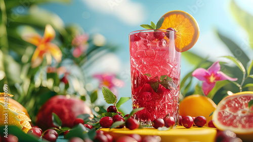 Refreshing Summer Drink with Orange Slice Tropical Flowers and Fruits