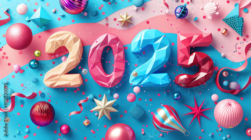Vibrant New Year 2025 Celebration with Colorful Party Decorations and Ornaments
