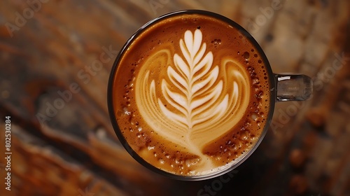 Top down shot of foam latte art on coffee