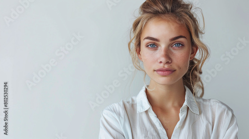 Blue Eyed Young Woman with Freckles in White Shirt Looking Serene photo