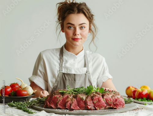 Une femme cuisinière présente un plat de rosebeef / rosebif tranché, viande de bœuf rosée tranchée