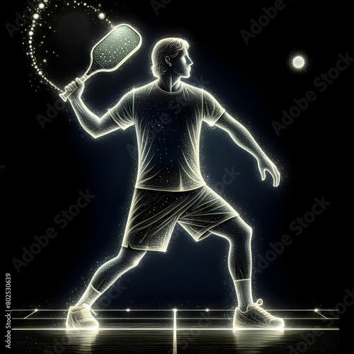 A neon figure of a pickleball player in mid-action poised to hit a pickleball ball with a paddle on black