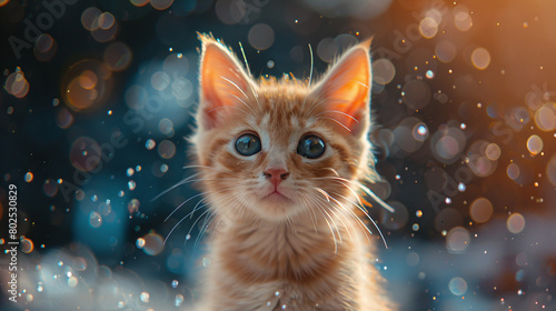 Orange Tabby Kitten with Blue Eyes Glistening in Sunlight Bokeh Lights