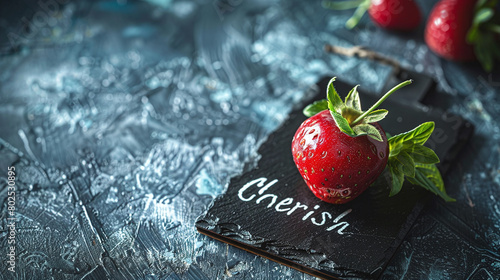 Fresh Red Strawberry on Dark Textured Background with Cherish Concept photo