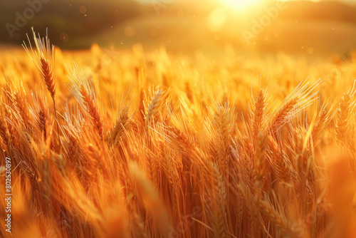 Wheat field, Background of ears of ripe wheat at sunset. Rich harvest concept, copy space photo