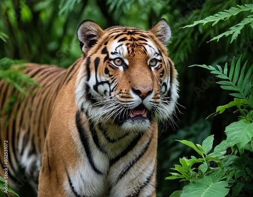 AI generated illustration of a tiger with an expressive gaze  surrounded by lush jungle foliage