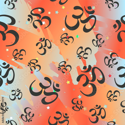 Lord Ganesha and Diwali Om Sacred Symbol Seamless Pattern. Repetition background for textiles, wrapping paper or wallpapers. Boho style ornament. indu motifs. Tattoo, yoga, spirituality.
