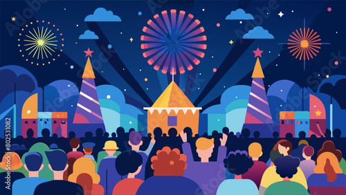 As the night comes to an end the crowd gathers at the main stage to watch a beautiful fireworks finale the perfect way to end a funfilled day at the. Vector illustration