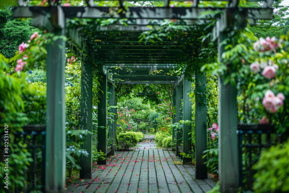 A peaceful garden with a green trellis covered in blooming flowers. A peaceful garden with a green trellis covered in blooming flowers.