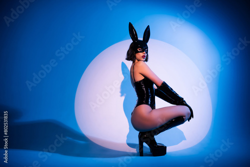 Photo of lady wear rabbit black leather costume posing sit profile side isolated blue light color background