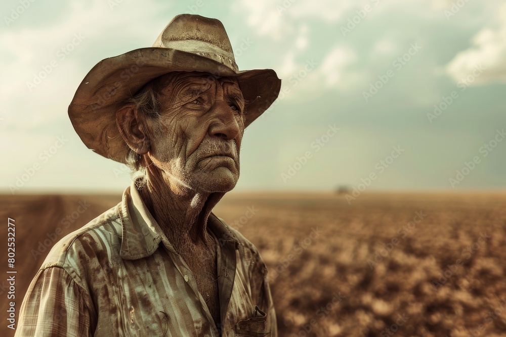 The image captures an elderly farmer with a weathered face, standing in a vast expanse of dry and arid farmland, presumably contemplating the drought