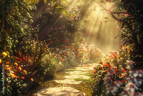A peaceful garden pathway adorned with flowers and bathed in sunlight.