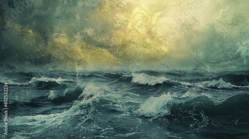 A digital painting with layers of textured filters creating a stormy ocean scene with rough choppy waves.. photo