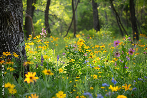 A peaceful forest glade filled with colorful spring wildflowers.