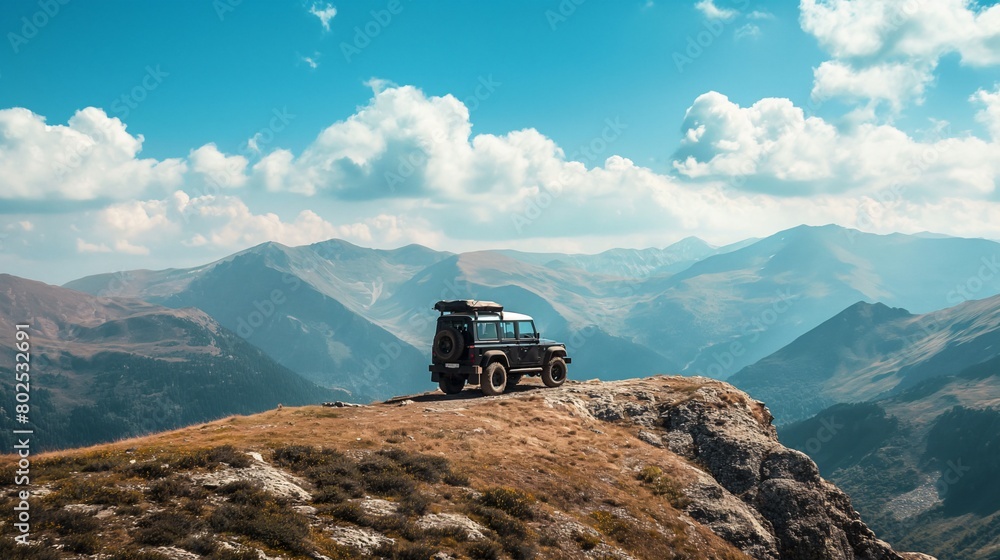 Off-road car on the top of a mountain in the mountains Off-road car on the top of a mountain in the mountains