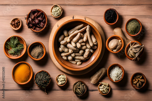 A bowl of medicine placed on a wooden podium in the center with many types of herb displayed around. Chinese medicine treat a wide range of ailments to enhance health photo
