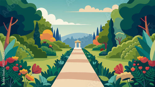 A serene path through a botanical garden lined with different species of flowers and plants symbolizing the diverse backgrounds of the ancestors being. Vector illustration